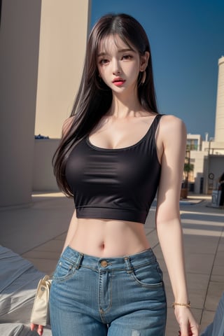 1 girl , solo, Hani, realistic, ((32K CG, UHD, Highly Detail)), (Intricate Detail:1.3), (Highest Quality:1.3), (Masterpiece:1.3), (Surreal:1.3), {beautiful and detailed eyes}, glossy lips, perfect body, lean body, long legs, Glamor body type, delicate facial features, ((a girl wearingfashionable tank top, baggy pants)), ear_rings