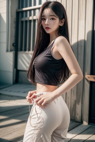1 girl , solo, Hani, realistic, ((32K CG, UHD, Highly Detail)), (Intricate Detail:1.3), (Highest Quality:1.3), (Masterpiece:1.3), (Surreal:1.3), {beautiful and detailed eyes}, glossy lips, perfect body, lean body, long legs, Glamor body type, delicate facial features, ((a girl wearing fashionable tank top and baggy pants)), ear_rings, from_behind