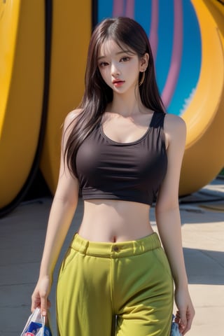 1 girl , solo, Hani, realistic, ((32K CG, UHD, Highly Detail)), (Intricate Detail:1.3), (Highest Quality:1.3), (Masterpiece:1.3), (Surreal:1.3), {beautiful and detailed eyes}, glossy lips, perfect body, lean body, long legs, Glamor body type, delicate facial features, ((a girl wearingfashionable tank top, baggy pants)), ear_rings,