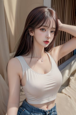 1 girl , solo, Hani, realistic, ((32K CG, UHD, Highly Detail)), (Intricate Detail:1.3), (Highest Quality:1.3), (Masterpiece:1.3), (Surreal:1.3), {beautiful and detailed eyes}, glossy lips, perfect body, lean body, long legs, Glamor body type, delicate facial features, ((a girl wearingfashionable tank top, baggy pants)), ear_rings,