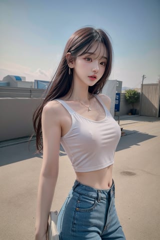 1 girl , solo, Hani, realistic, ((32K CG, UHD, Highly Detail)), (Intricate Detail:1.3), (Highest Quality:1.3), (Masterpiece:1.3), (Surreal:1.3), {beautiful and detailed eyes}, glossy lips, perfect body, lean body, long legs, Glamor body type, delicate facial features, ((a girl wearing fashionable tank top and baggy pants)), ear_rings, from_side