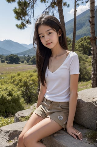 RAW photo,  best quality,  photo realistic,  master piece,  1girl,  solo,  Korean girl,  12 years old,  cute,  innocent look,
(((little girl’s body))),  (((petite body))),  small breasts,  flat_chest,  slim body,  [[[Nipples]]],  [pokey nipples],  [pokies], 

Front view, looking at viewer,
Little smile, shy, blush, 

Hiking on a dirt trail,  sitting on a rock,

Short black hair,  messy hair,  
fully dressed, 
Wearing plain white slim t-shirt,
Brown short Khaki shorts,  
Very short shorts,
White short ankle socks,  
Brown hiking boots,  

On high Mountain,  Mountains  in the background,  Blue sky,  white cloud, 
Pine tree,  trees,  lake,
Extremely Realistic, AIDA_LoRA_valenss