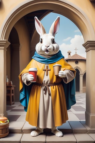 Anthropomorphic rabbit dressed as Saint Francis of Assisi, holding takeaway coffee in one paw and a cheeseburger in the other paw,style of a renaissance painting 