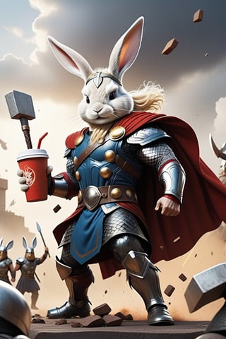 Anthropomorphic rabbit dressed like Thor holding mjolnir and a takeaway coffee, fighting vikings on a battlefield 