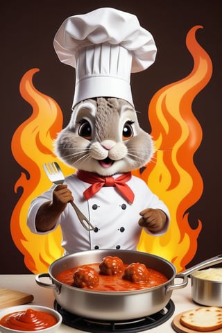 Cute Anthropomorphic rabbit chef cooking flaming meatballs in marinara sauce