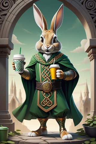 Anthropomorphic rabbit dressed as a celtic god holding takeaway coffee in paw