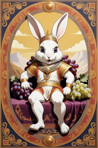 Anthropomorphic rabbit drssed like a greek God, mount olympus, reclining on a rug eating grapes