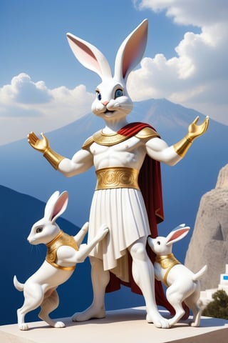 Anthropomorphic rabbit dressed like a greek God petting a 3 headed dog, mount olympus, 