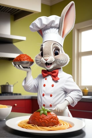Cute Anthropomorphic rabbit chef eating meatball marinara