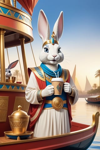 Anthropomorphic rabbit dressed as an Egyptian god holding takeaway coffee in paw, pharaoh's royal barge on the Nile