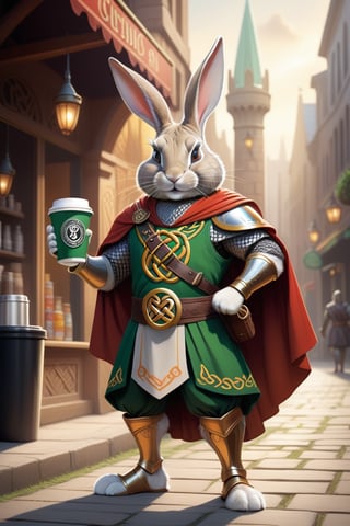 Anthropomorphic rabbit dressed as a celtic god holding takeaway coffee in paw and a sword in the other paw 