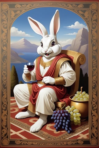 Anthropomorphic rabbit drssed like a greek God, mount olympus, reclining on a rug eating grapes