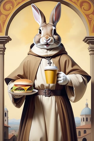 Anthropomorphic rabbit dressed as Saint Francis of Assisi, holding takeaway coffee in one paw and a cheeseburger in the other paw,style of a renaissance painting 