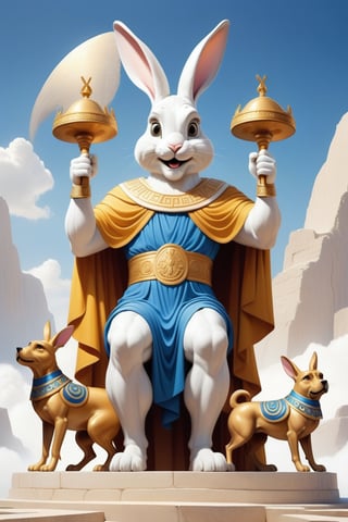 Anthropomorphic rabbit dressed like a greek God petting a triple headed dog, mount olympus, 