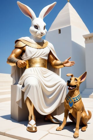 Anthropomorphic rabbit dressed like a greek God petting a demonic dog, mount olympus, 