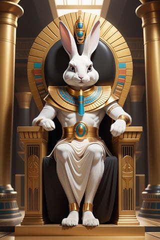 Anthropomorphic rabbit dressed as an Egyptian god holding takeaway coffee in paw sitting on throne, Egyptian throne room