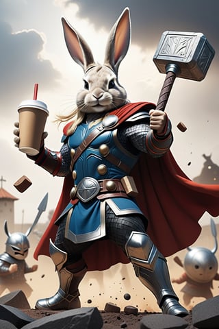 Anthropomorphic rabbit dressed like Thor holding mjolnir and a takeaway coffee, fighting vikings on a battlefield 