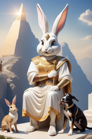 Anthropomorphic rabbit dressed like a greek God petting a demonic dog, mount olympus, 