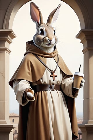 Anthropomorphic rabbit dressed as Saint Francis of Assisi, holding takeaway coffee in paw, style of a renaissance painting 