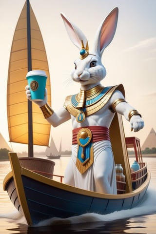 Anthropomorphic rabbit dressed as an Egyptian god holding takeaway coffee in paw, pharaoh's boat on the Nile