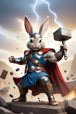 Anthropomorphic rabbit dressed like Thor holding mjolnir in one paw and a takeaway coffee in the other paw, fighting vikings on a battlefield 