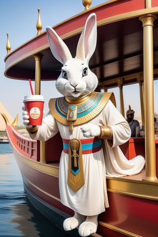 Anthropomorphic rabbit dressed as an Egyptian god holding takeaway coffee in paw, pharaoh's royal barge on the Nile