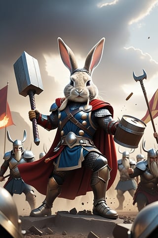 Anthropomorphic rabbit dressed like Thor holding a warhammer and a takeaway coffee, fighting vikings on a battlefield 