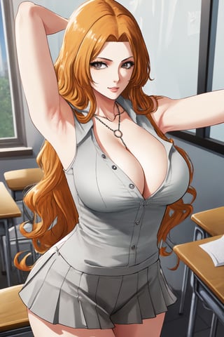 (masterpiece, best quality:1.2), solo, 1girl, matsumoto rangiku, looking at viewer, 
sleeveless White shirt with several buttons undone, White shirt, white buttons, White top,
Gray pleated short skirt, Gray skirt
smile, big large breasts, (big breasts:0.5), bare shoulders, a thin golden necklace tucked between her cleavage, Orange wavy long curly hair, shiny skin, perfect body, Reveal cleavage, 
(ultrahigh resolution textures), in dynamic pose, bokeh, (intricate details, hyperdetailed:1.15), detailed, HDR+, showing armpit,
school classroom interior background, matsumoto rangiku,MeikoDef, Xter