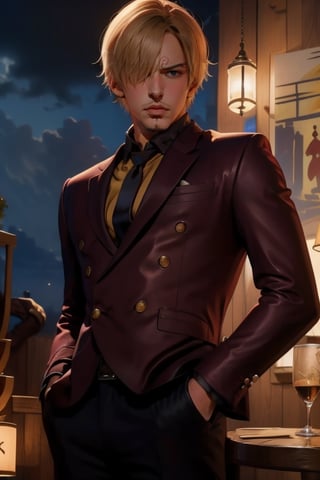 (masterpiece, best quality:1.2), a handsome young man, 20 years old, sanji2, suit, hair_over_one_eye, eyeblow, black shirts, necktie, Burgundy jacket, facial hair, cowboy shot, Western restaurant background