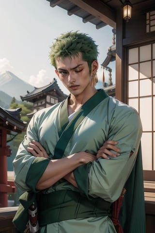 (masterpiece, best quality:1.2), a handsome young man, 20 years old, roronoa zoro, scar, muscular male, looking at viewer, one eye closed, scar across eye, crossed arms, japanese clothes, green kimono, Long sleeve green samurai kimono, roronoa zoro, Three samurai swords hung on his waist, Japanese house background, portrait, Do not laugh,mackenyu