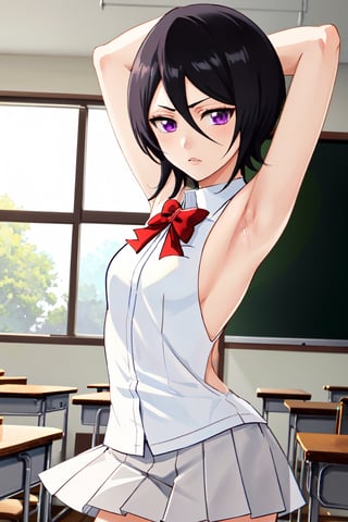 (masterpiece, best quality:1.2), solo, 1girl, Rukia Kuchiki, looking at viewer, 
Rukia Kuchiki, Short and petite, has light skin and purple eyes. Her hair is black, with several strands of hair always hanging between her eyes. 
sleeveless White shirt, White shirt, Gray pleated short skirt, Gray skirt, Smooth and flawless armpits, Smooth and flawless skin, Red bow-knot, 
classroom interior, backless, short black hair, showing armpit,
(ultrahigh resolution textures), in dynamic pose, bokeh, (intricate details, hyperdetailed:1.15), detailed, HDR+, showing armpit,
Japanese style house interior background, ,MeikoDef, Xter, long hair,Rukia,kuchikirukia,kuchiki_rukia, 