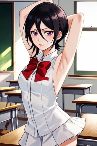 (masterpiece, best quality:1.2), solo, 1girl, Rukia Kuchiki, looking at viewer, 
Rukia Kuchiki, Short and petite, has light skin and purple eyes. Her hair is black, with several strands of hair always hanging between her eyes. 
sleeveless White shirt, White shirt, Gray pleated short skirt, Gray skirt, Smooth and flawless armpits, Smooth and flawless skin, Red bow-knot, 
classroom interior, backless, short black hair, showing armpit,
(ultrahigh resolution textures), in dynamic pose, bokeh, (intricate details, hyperdetailed:1.15), detailed, HDR+, showing armpit,
Japanese style house interior background, ,MeikoDef, Xter, long hair,Rukia,kuchikirukia,kuchiki_rukia, 