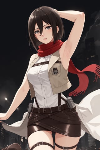 (masterpiece, best quality:1.2), solo, Mikasa Ackerman ,
Mikasa is a fairly tall and well-toned woman. She is of partial Asian heritage, with pale skin, gray eyes, and shaggy black hair that was long until she cut it to chin-length. 
a sleeveless white shirt, light brown jacket with the badge of the squad on both shoulders, on the front left pocket and on the center of the back, a light-colored shirt, a dark brown leather hip wrap skirt, and dark brown knee-high leather boots. a red scarf that she almost always wears.
Mikasa Ackerman, Smooth and flawless armpits, Smooth and flawless skin, 
(ultrahigh resolution textures), in dynamic pose, bokeh, (intricate details, hyperdetailed:1.15), detailed, HDR+, ,Xter, Mikasa Ackerman, european town background.