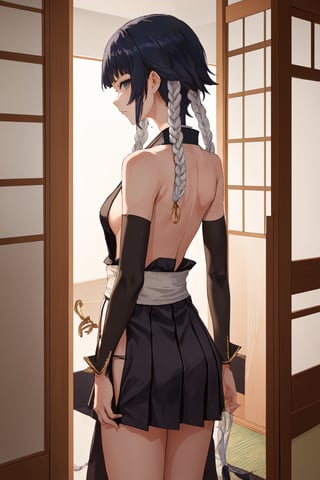 (masterpiece, best quality:1.2), solo, 1girl, soifon, expressionless, looking at viewer, a relatively petite woman with gray eyes and black hair which she wears short with two long braids bound in white cloth, each ending in a large golden ring.  japanese clothes, sideboob, black pleated short skirt,hip vent, detached sleeves, bare shoulders ,soifon,MeikoDef, small breasts, Japanese style house interior ,backless, short black hair, showing armpit, ,BACK VIEW