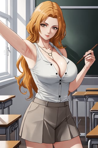 (masterpiece, best quality:1.2), solo, 1girl, matsumoto rangiku, looking at viewer, 
sleeveless White shirt with several buttons undone, White shirt, white buttons, White top,
Gray pleated short skirt, Gray skirt
smile, big large breasts, (big breasts:0.5), bare shoulders, a thin golden necklace tucked between her cleavage, Orange wavy long curly hair, shiny skin, perfect body, Reveal cleavage, 
(ultrahigh resolution textures), in dynamic pose, bokeh, (intricate details, hyperdetailed:1.15), detailed, HDR+, showing armpit,
school classroom interior background, matsumoto rangiku,MeikoDef, Xter