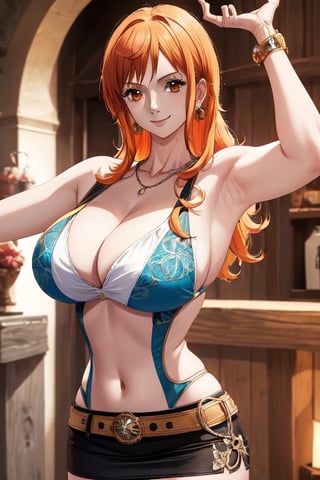 masterpiece, best quality, Nami (one piece), 1girl, solo, long hair, looking at viewer, orange hair, short hair, orange eyes,
town background, 
earrings, jewelry,brown shirt, navel,shoulder tattoo, bangle, belt, short skirt, miniskirt, smile,
Nami, ((big breasts , cleavage)), 
(ultrahigh resolution textures), in dynamic pose, bokeh, (intricate details, hyperdetailed:1.15), detailed, HDR+, 
Sleeveless off the shoulder, armpit, 
nami \(one piece\),NamiOP,MeikoDef,realhands,hand,Xter