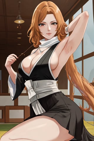 (masterpiece, best quality:1.2), solo, 1girl, matsumoto rangiku, looking at viewer, 
black japanese clothes, backless, sideboob, armpit, black pleated short skirt, side hip vent, detached sleeves, smile, big large breasts, (big breasts:0.5), bare shoulders, a thin golden necklace tucked between her cleavage, a long pink scarf over her shoulders, Orange wavy long curly hair, shiny skin, perfect body, Reveal cleavage, 
(ultrahigh resolution textures), in dynamic pose, bokeh, (intricate details, hyperdetailed:1.15), detailed, HDR+, showing armpit,
Japanese style house interior background, matsumoto rangiku,MeikoDef, backless, backless ,Xter