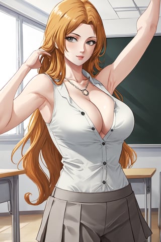(masterpiece, best quality:1.2), solo, 1girl, matsumoto rangiku, looking at viewer, 
sleeveless White shirt with several buttons undone, White shirt, white buttons, White top,
Gray pleated short skirt, Gray skirt
smile, big large breasts, (big breasts:0.5), bare shoulders, a thin golden necklace tucked between her cleavage, Orange wavy long curly hair, shiny skin, perfect body, Reveal cleavage, 
(ultrahigh resolution textures), in dynamic pose, bokeh, (intricate details, hyperdetailed:1.15), detailed, HDR+, showing armpit,
school classroom interior background, matsumoto rangiku,MeikoDef, Xter