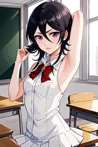 (masterpiece, best quality:1.2), solo, 1girl, Rukia Kuchiki, looking at viewer, 
Rukia Kuchiki, Short and petite, has light skin and purple eyes. Her hair is black, with several strands of hair always hanging between her eyes. 
sleeveless White shirt, White shirt, Gray pleated short skirt, Gray skirt, Smooth and flawless armpits, Smooth and flawless skin, Red bow-knot, 
classroom interior, backless, short black hair, showing armpit,
(ultrahigh resolution textures), in dynamic pose, bokeh, (intricate details, hyperdetailed:1.15), detailed, HDR+, showing armpit,
Japanese style house interior background, ,MeikoDef, Xter, long hair,Rukia,kuchikirukia,kuchiki_rukia, 