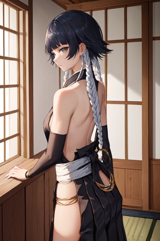 (masterpiece, best quality:1.2), solo, 1girl, soifon, expressionless, looking at viewer, a relatively petite woman with gray eyes and black hair which she wears short with two long braids bound in white cloth, each ending in a large golden ring.  japanese clothes, sideboob, black pleated short skirt,hip vent, detached sleeves, bare shoulders ,soifon,MeikoDef, small breasts, Japanese style house interior ,backless, short black hair, showing armpit, ,BACK VIEW