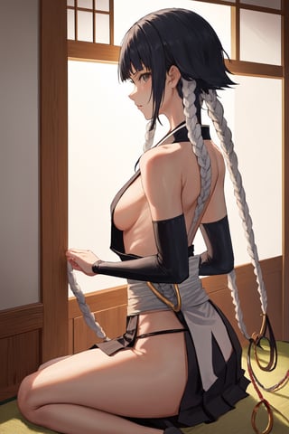(masterpiece, best quality:1.2), solo, 1girl, soifon, expressionless, looking at viewer, a relatively petite woman with gray eyes and black hair which she wears short with two long braids bound in white cloth, each ending in a large golden ring.  japanese clothes, sideboob, black pleated short skirt, short skirt, hip vent, detached sleeves, bare shoulders ,soifon,MeikoDef, small breasts, Japanese style house interior ,backless, short black hair, showing armpit, ,BACK VIEW