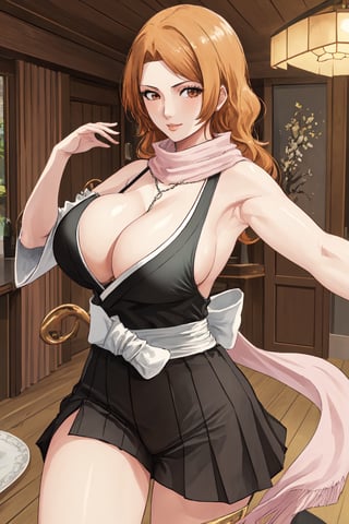 (masterpiece, best quality:1.2), solo, 1girl, matsumoto rangiku, looking at viewer, 
black japanese clothes, backless, sideboob, armpit, black pleated short skirt, side hip vent, detached sleeves, smile, big large breasts, (big breasts:0.5), bare shoulders, a thin golden necklace tucked between her cleavage, a long pink scarf over her shoulders, Orange wavy long curly hair, shiny skin, perfect body, Reveal cleavage, 
(ultrahigh resolution textures), in dynamic pose, bokeh, (intricate details, hyperdetailed:1.15), detailed, HDR+, showing armpit,
Japanese style house interior background, matsumoto rangiku,MeikoDef, backless, backless ,Xter,BACK VIEW