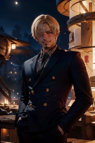 (masterpiece, best quality:1.2), a handsome young man, 20 years old, sanji2, suit, hair_over_one_eye, eyeblow, black shirts, necktie, Burgundy jacket, facial hair, cowboy shot, Western restaurant background, smile,MAN