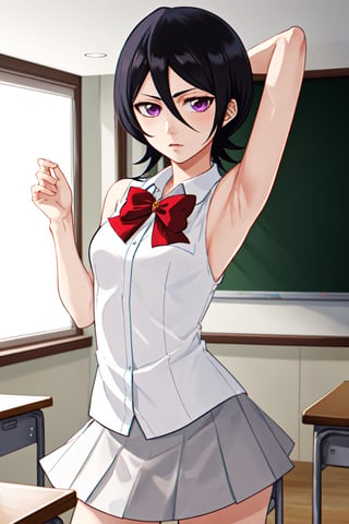 (masterpiece, best quality:1.2), solo, 1girl, Rukia Kuchiki, looking at viewer, 
Rukia Kuchiki, Short and petite, has light skin and purple eyes. Her hair is black, with several strands of hair always hanging between her eyes. 
sleeveless White shirt, White shirt, Gray pleated short skirt, Gray skirt, Smooth and flawless armpits, Smooth and flawless skin, Red bow-knot, 
classroom interior, backless, short black hair, showing armpit,
(ultrahigh resolution textures), in dynamic pose, bokeh, (intricate details, hyperdetailed:1.15), detailed, HDR+, showing armpit,
Japanese style house interior background, ,MeikoDef, Xter, long hair,Rukia,kuchikirukia,kuchiki_rukia, 