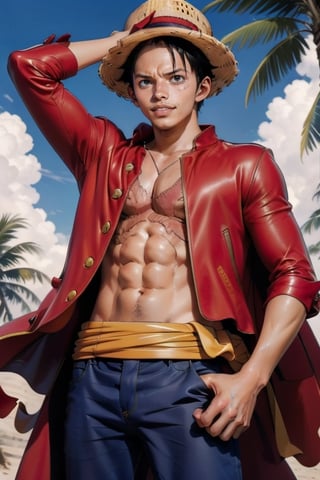 a handsome young man, 19 years old, with a pretty face, tall and of medium build. Short wavy black hair, light olive skin. with a slim and athletic body. he wears a straw hat on his head. 
He wears a baggy red jacket that extends to mid-thigh, accompanied by a pair of baggy jeans. He keeps his jacket unbuttoned, exposing the detailed muscles of him. In the background is a beach surrounded by tropical jungle and the sea in the distance, sciamano240, 1boy, Wrenchftmfshn,1utf1, Luffy one piece, There is an X-shaped scar on the chest, Show arm muscles, armpit hair, The red coat on the back serves as a cloak