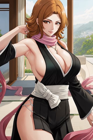 (masterpiece, best quality:1.2), solo, 1girl, matsumoto rangiku, looking at viewer, 
black japanese clothes, backless, sideboob, armpit, black pleated short skirt, side hip vent, detached sleeves, smile, big large breasts, (big breasts:0.5), bare shoulders, a thin golden necklace tucked between her cleavage, a long pink scarf over her shoulders, Orange wavy long curly hair, shiny skin, perfect body, Reveal cleavage, 
(ultrahigh resolution textures), in dynamic pose, bokeh, (intricate details, hyperdetailed:1.15), detailed, HDR+, showing armpit,
Japanese style house interior background, matsumoto rangiku,MeikoDef, backless, backless ,Xter