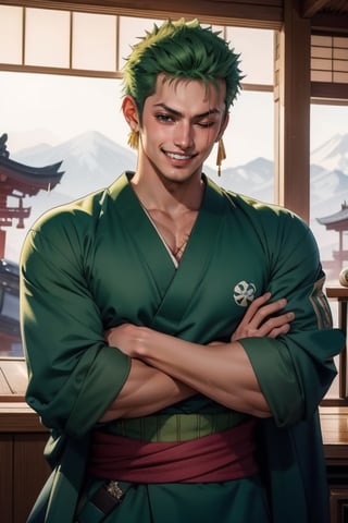 (masterpiece, best quality:1.2), a handsome young man, 20 years old, roronoa zoro, scar, muscular male, grin, looking at viewer, one eye closed, scar across eye, crossed arms, japanese clothes, green kimono,roronoa zoro, Three samurai swords hung on his waist, cold smile, Japanese house background