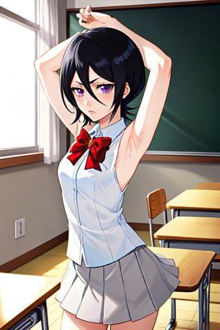 (masterpiece, best quality:1.2), solo, 1girl, Rukia Kuchiki, looking at viewer, 
Rukia Kuchiki, Short and petite, has light skin and purple eyes. Her hair is black, with several strands of hair always hanging between her eyes. 
sleeveless White shirt, White shirt, Gray pleated short skirt, Gray skirt, Smooth and flawless armpits, Smooth and flawless skin, Red bow-knot, 
classroom interior, backless, short black hair, showing armpit,
(ultrahigh resolution textures), in dynamic pose, bokeh, (intricate details, hyperdetailed:1.15), detailed, HDR+, showing armpit,
Japanese style house interior background, ,MeikoDef, Xter, long hair,Rukia,kuchikirukia,kuchiki_rukia, 