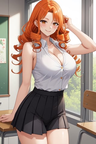 (masterpiece, best quality:1.2), Matsumoto Rangiku, solo, 40 years old, 
sleeveless White shirt with several buttons undone, 
Gray pleated short skirt,
vaguely see the black thong lace panties under the skirt,
orange hair, smile, large breasts, MILF, 
scene in school, armpit, Orange wavy long curly hair, shiny skin, perfect body, (big breasts:0.3), Reveal most of cleavage, Not wearing a bra, Matsumoto Rangiku ,MeikoDef,matsumoto rangiku,matsumoto_rangiku,