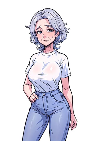 8k, High quality, masterpiece, anime, old woman, grey hair, (gilf:1.2), white shirts, jeans